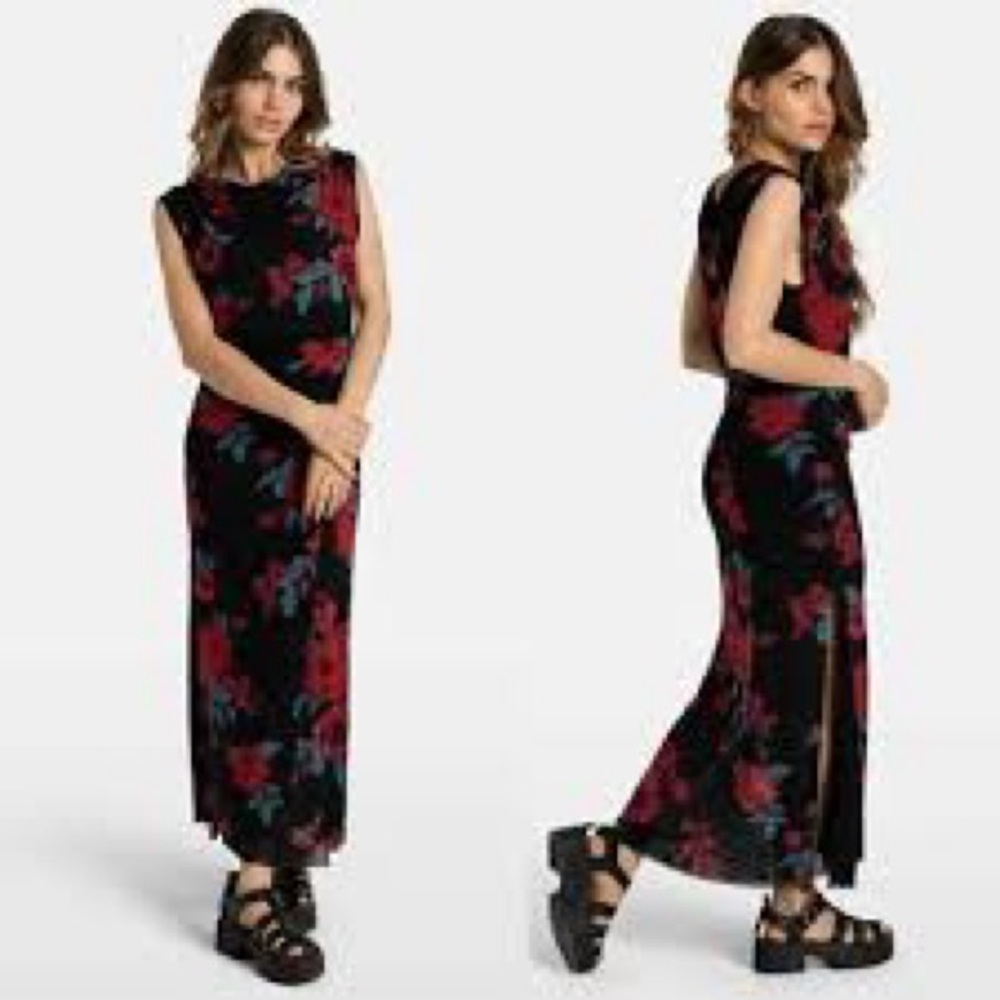 NEW FREE PEOPLE [ Large ] Carmel Floral Mesh Midi-Dress in Black Red 6331